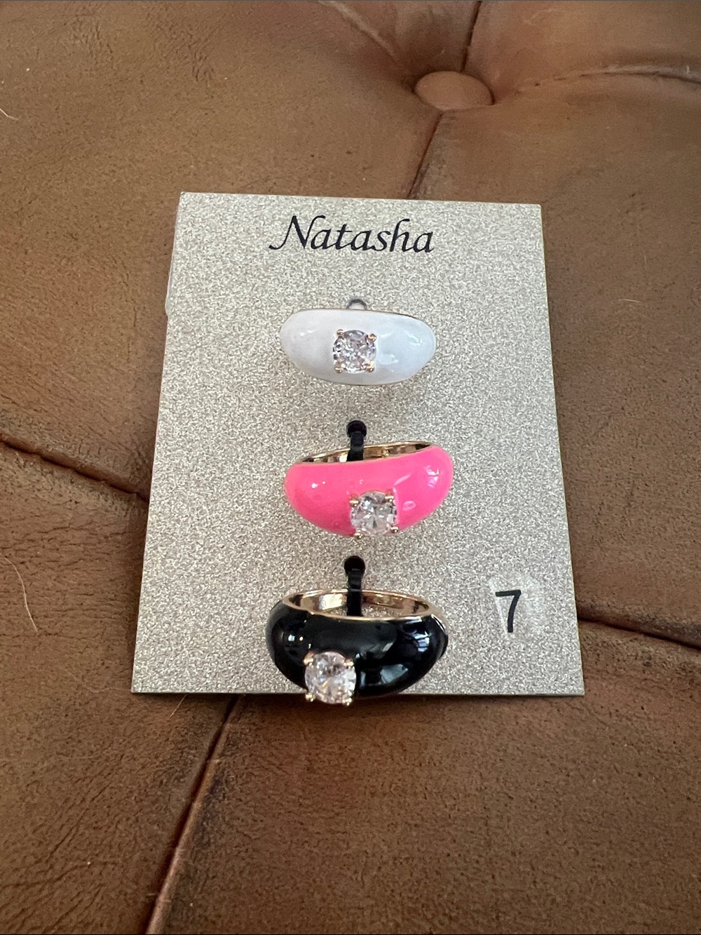 Natasha Couture Trio Enamel Rings in White, Pink & Black with Clear Stones NEW